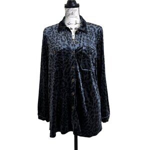 Ali Miles Women's Size M Top Button Up Velour Leopard Print Gray Black